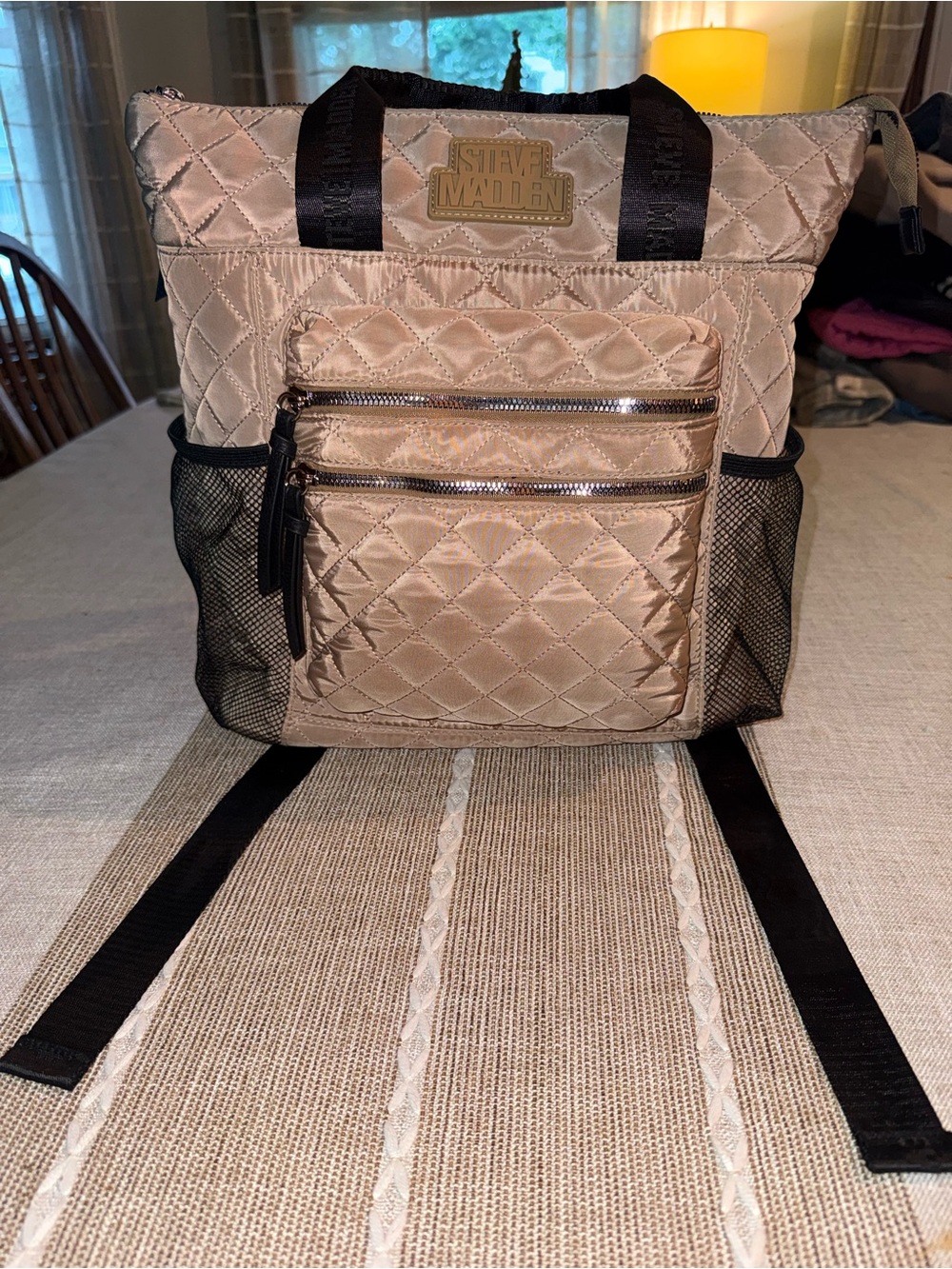 Steve Madden Quilted Beige Backpack Tote with Black Straps